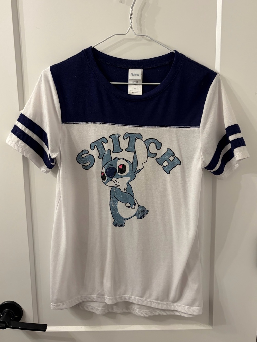 Disney White and Navy Stitch Jersey Style Short Sleeve Tee